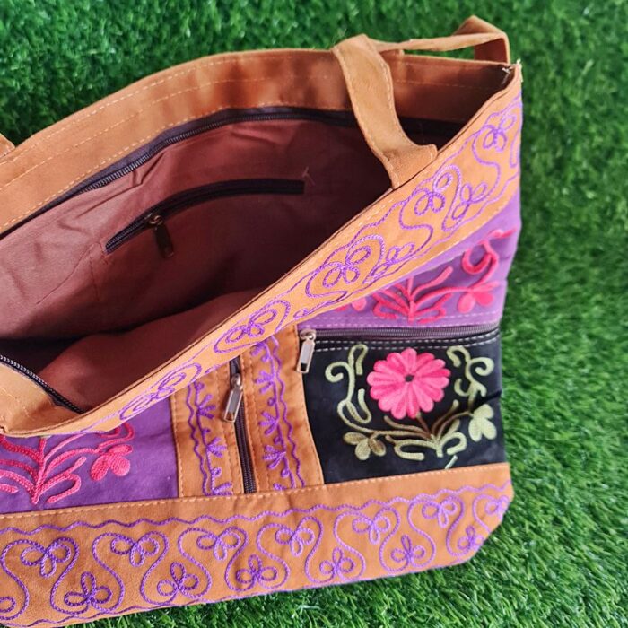 Big Brown Purple Bag In Aari Work - Image 3