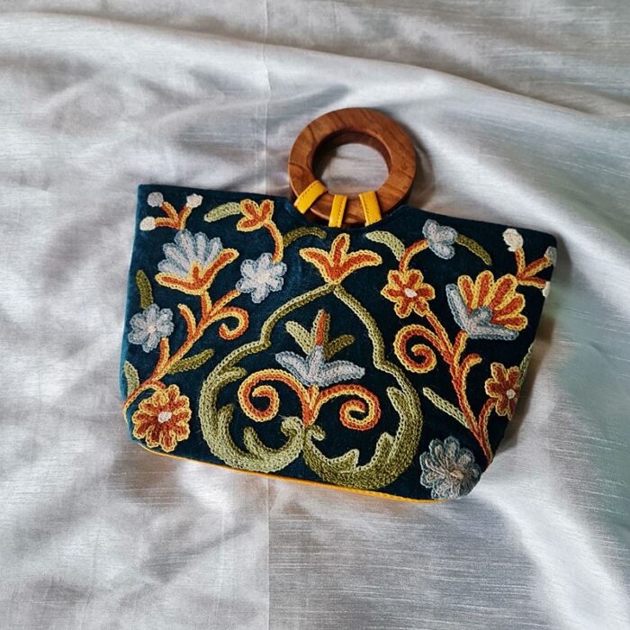 Green Velvet Basket Bag With Hand Aari Work - Image 7
