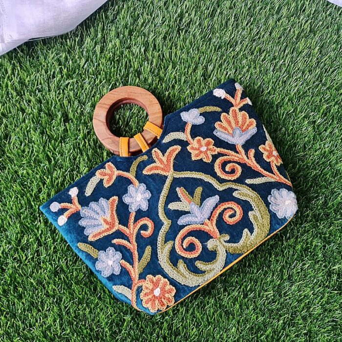 Green Velvet Basket Bag With Hand Aari Work - Image 5