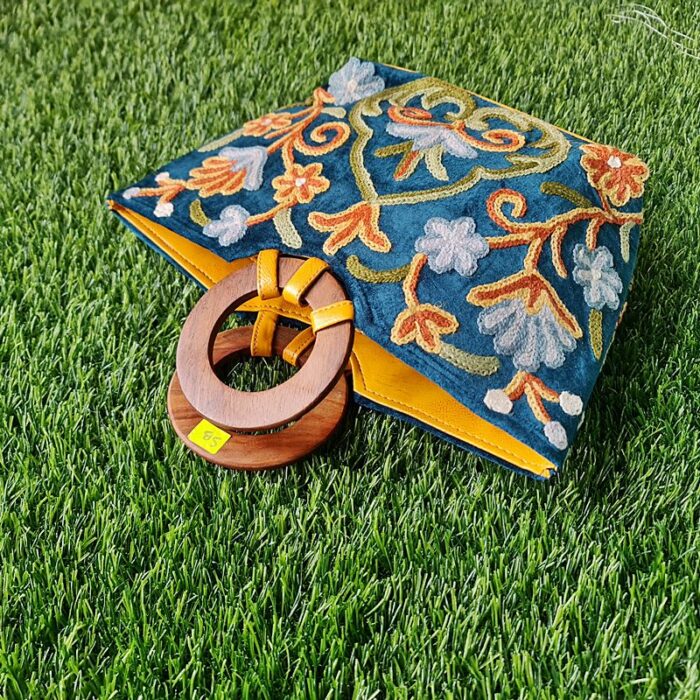 Green Velvet Basket Bag With Hand Aari Work - Image 2