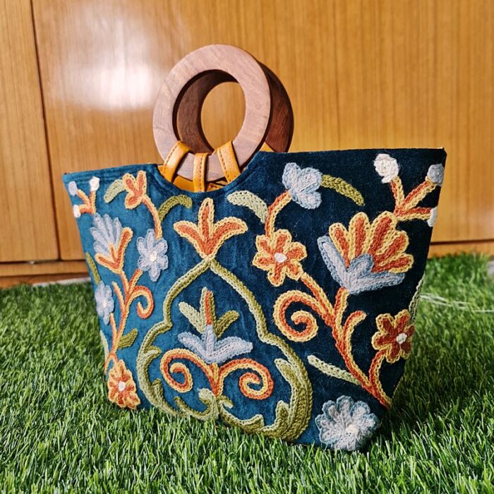 Green Velvet Basket Bag With Hand Aari Work