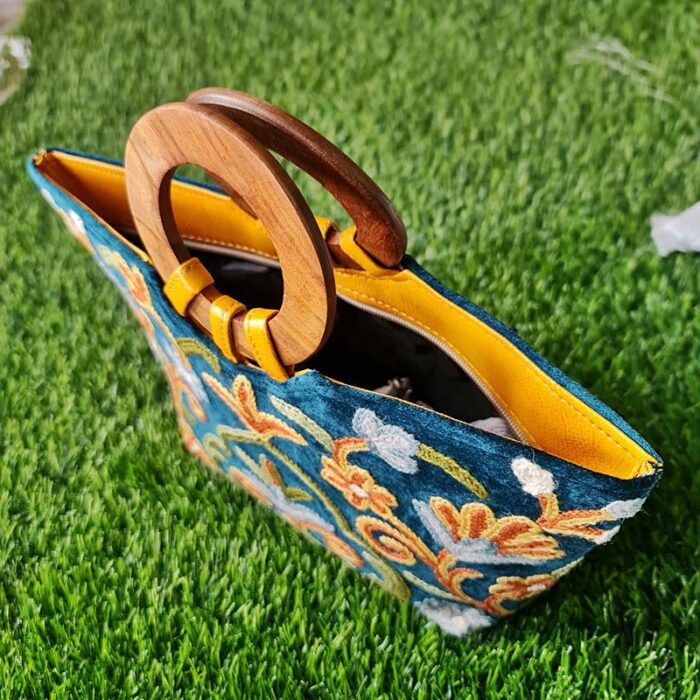 Green Velvet Basket Bag With Hand Aari Work - Image 4