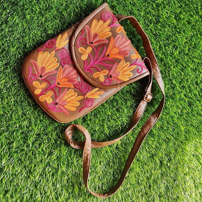 Brown Leather Sling Bag With Aari Work