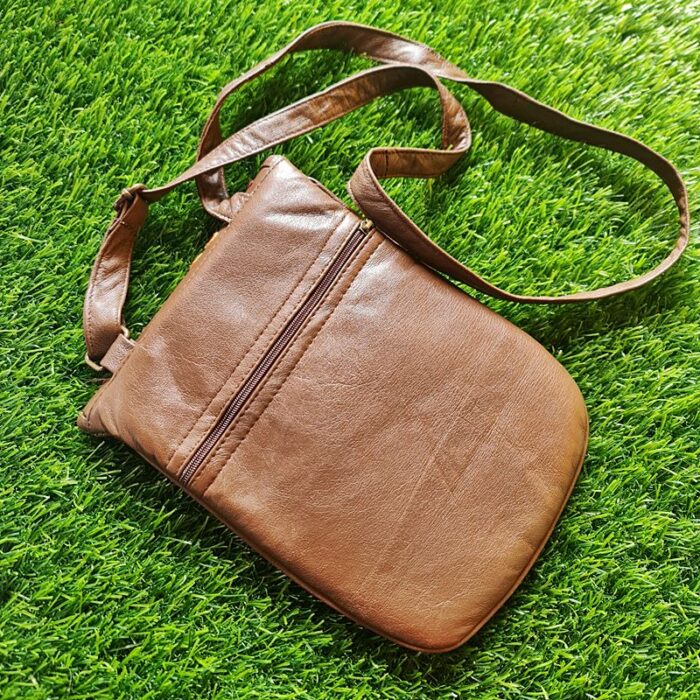 Brown Leather Sling Bag With Aari Work - Image 3