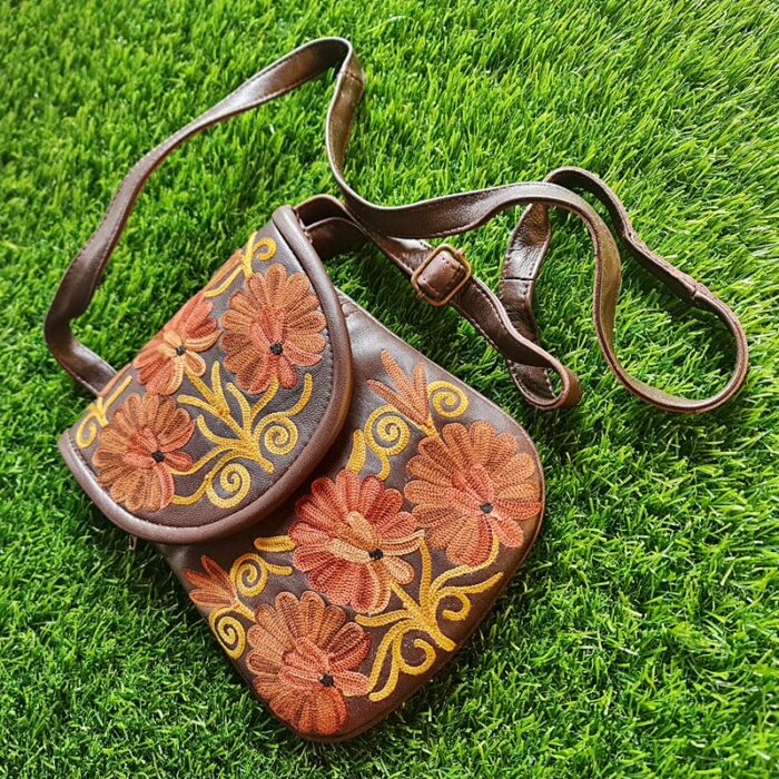 Choclate Brown Leather Sling Bag In Aari Work
