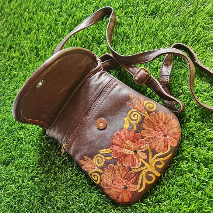 Choclate Brown Leather Sling Bag In Aari Work - Image 2