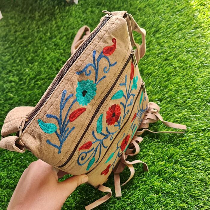 Light Brown Color 6 Zip Flap Bag with Aari Work - Image 3