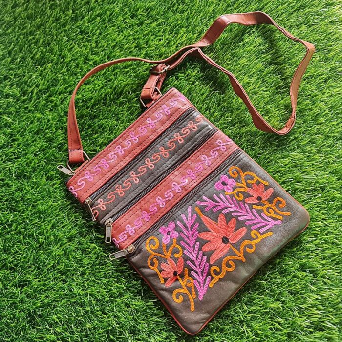 Golebi 5 Zip Leather Sling Bag with Aari Work