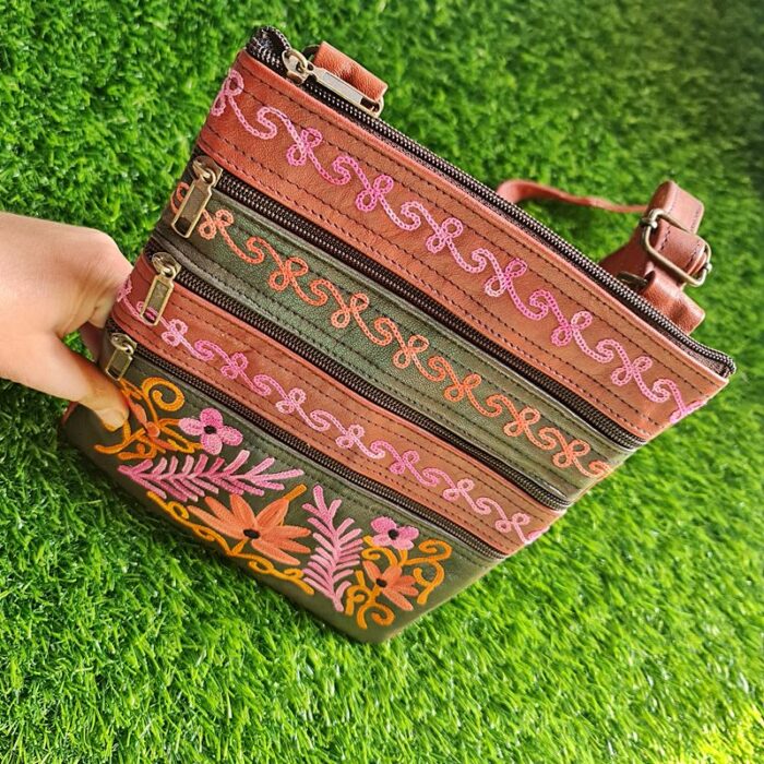 Golebi 5 Zip Leather Sling Bag with Aari Work - Image 3