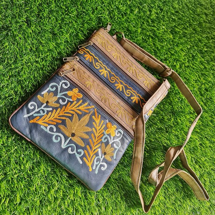 Suur 5 Zip Leather Sling Bag with Aari Work