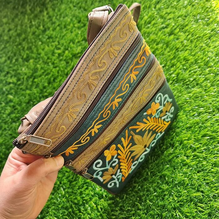 Suur 5 Zip Leather Sling Bag with Aari Work - Image 3
