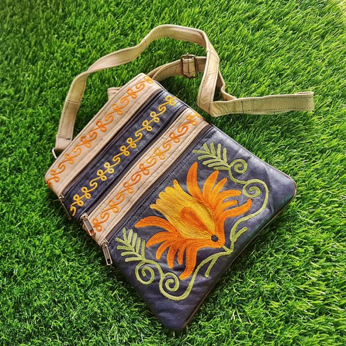 5 Zip Leather Sling Bag with Aari Work