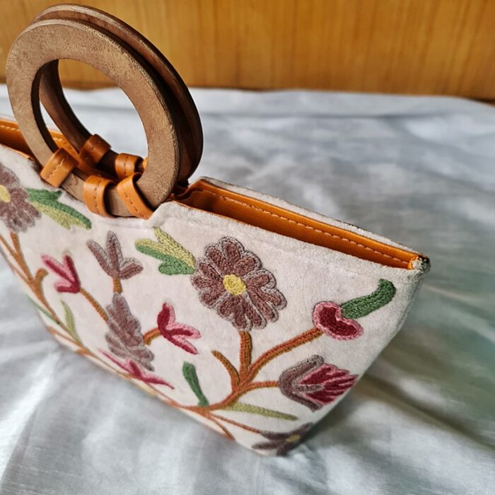 Offwhite Velvet Basket Bag With Hand Aari Work - Image 2