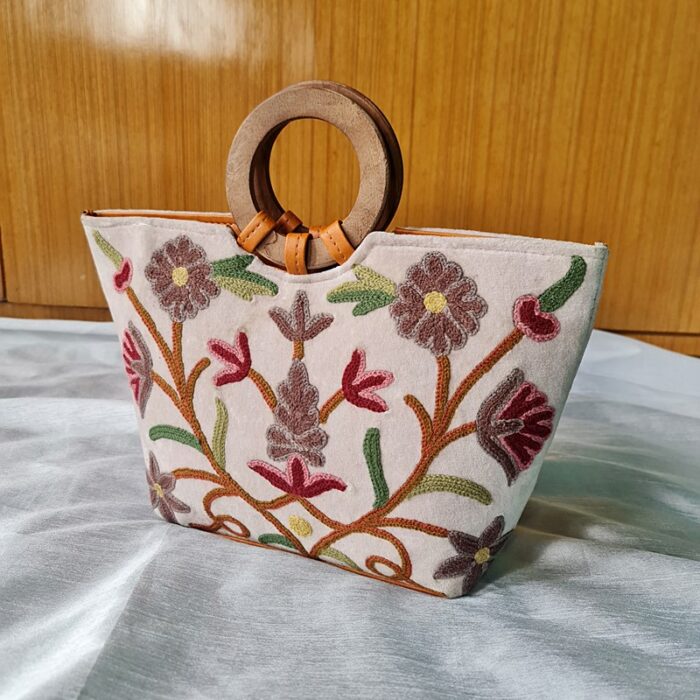 Offwhite Velvet Basket Bag With Hand Aari Work