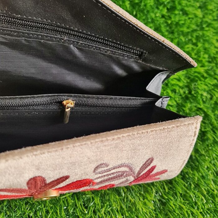 Light Color Velvet Clutch With Pearls and Aari Work - Image 3