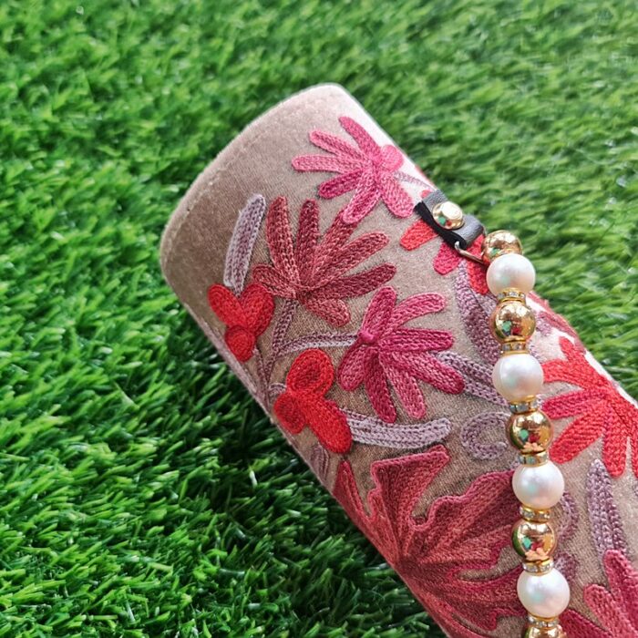 Light Color Velvet Clutch With Pearls and Aari Work - Image 2