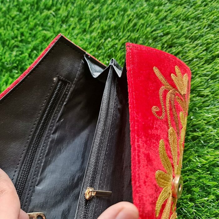 Red Velvet Clutch With Pearls and Aari Work - Image 4