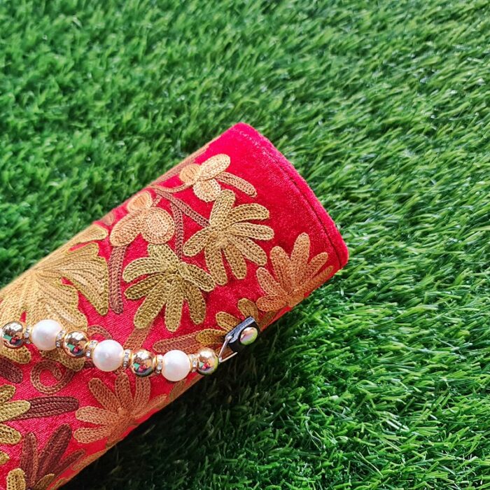Red Velvet Clutch With Pearls and Aari Work - Image 3