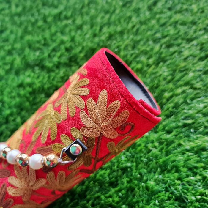 Red Velvet Clutch With Pearls and Aari Work - Image 2