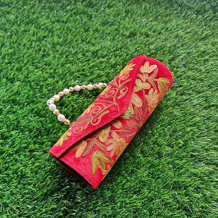 Red Velvet Clutch With Pearls and Aari Work