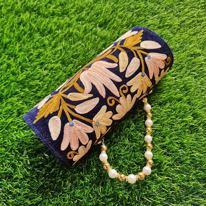 Millenium Blue Velvet Clutch With Pearls and Aari Work - Image 3