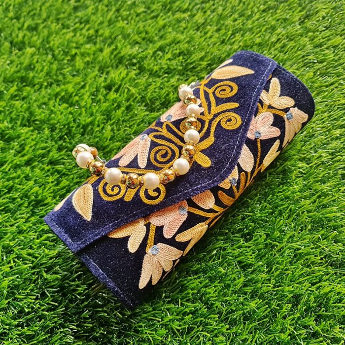 Millenium Blue Velvet Clutch With Pearls and Aari Work - Image 2
