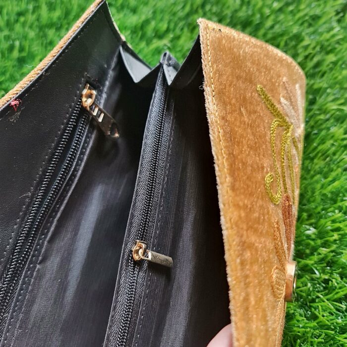Brown Velvet Clutch With Pearls and Aari Work - Image 3