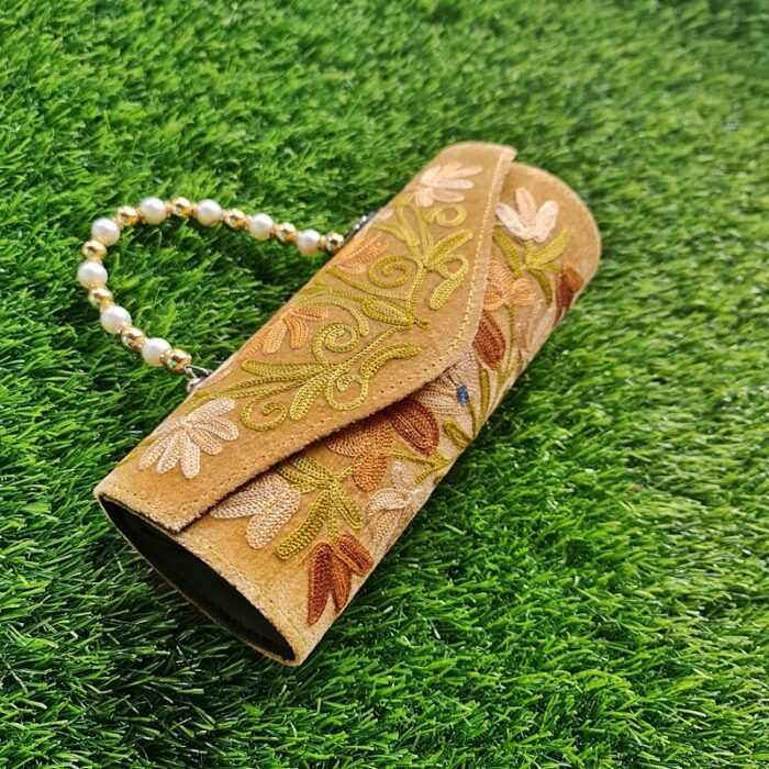 Brown Velvet Clutch With Pearls and Aari Work