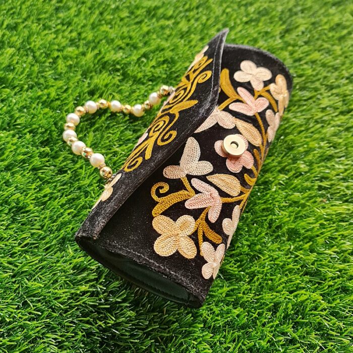 Black Velvet Clutch With Pearls and Aari Work - Image 4