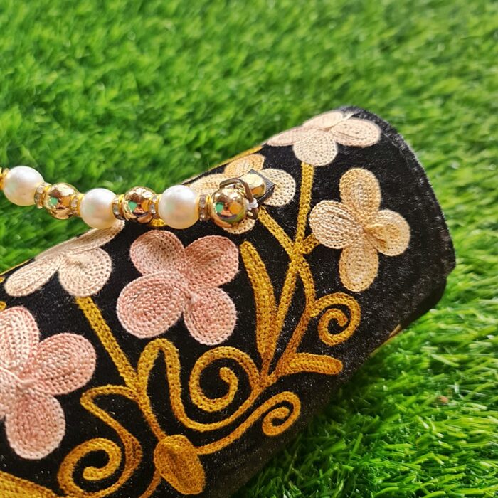 Black Velvet Clutch With Pearls and Aari Work - Image 2