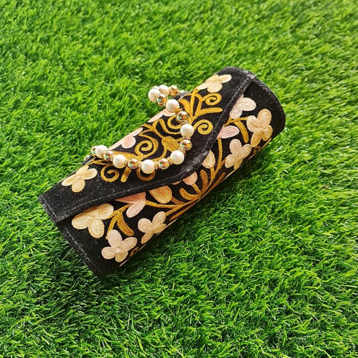 Black Velvet Clutch With Pearls and Aari Work