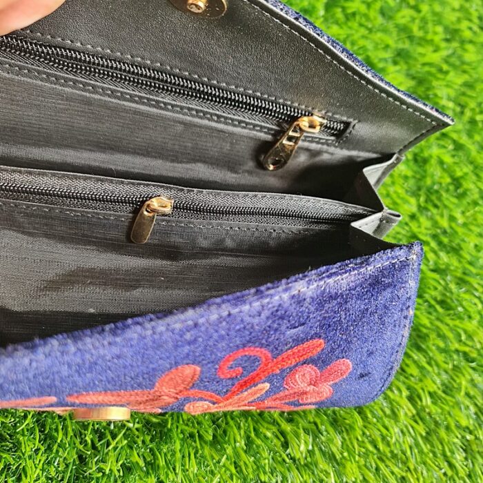 College Navy Velvet Clutch With Pearls and Aari Work - Image 3