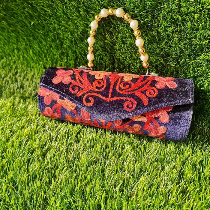 College Navy Velvet Clutch With Pearls and Aari Work - Image 2