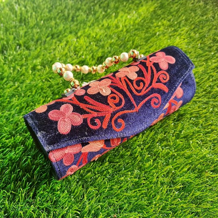 College Navy Velvet Clutch With Pearls and Aari Work