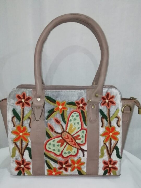Cream Butterfly Hand Crewel Work Handheld Bag