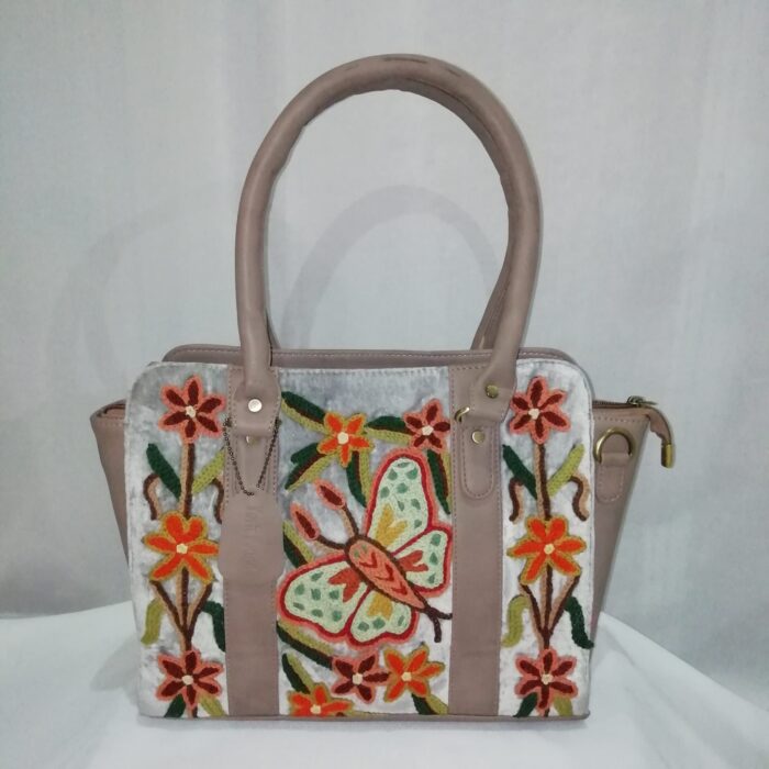 Cream Butterfly Hand Crewel Work Handheld Bag