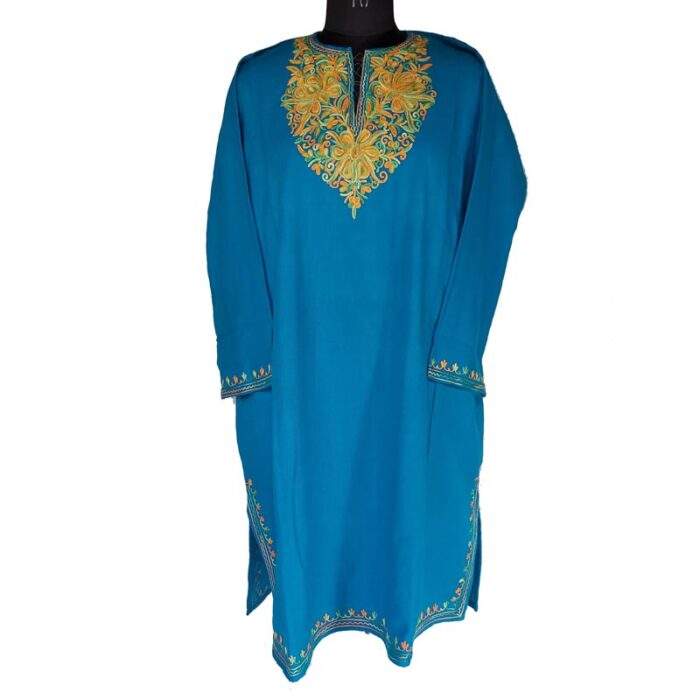 Light Blue Cashmilon Pheran With Aari Work - Image 2