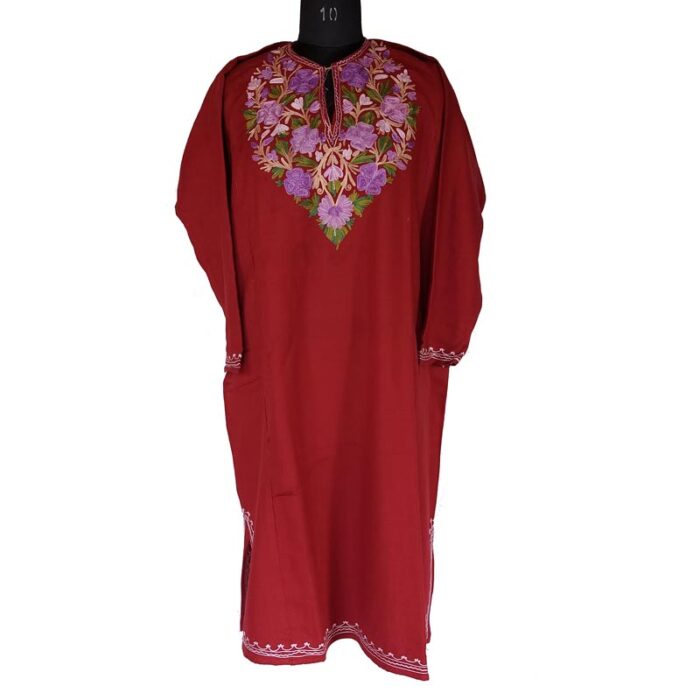 Maroon Cashmilon Pheran With Aari Work - Image 2