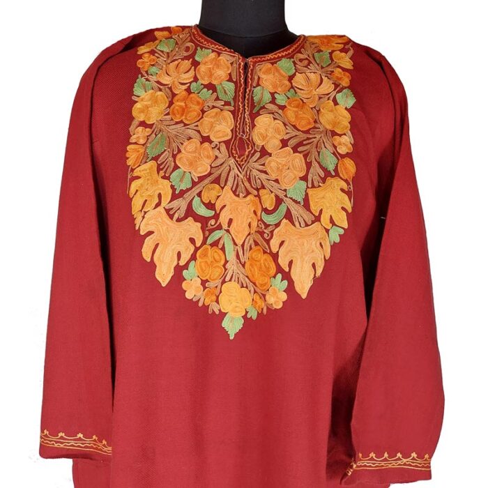Maroon Cashmilon Pheran in Aari Work