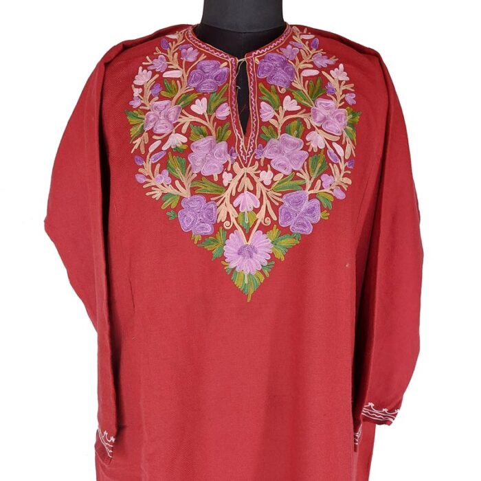 Maroon Cashmilon Pheran With Aari Work