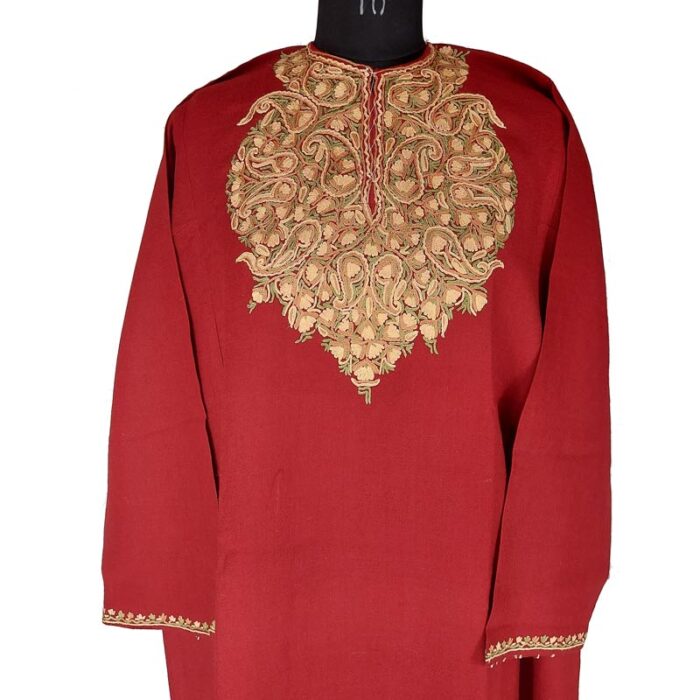 Maroon Hand Work Pure Raffal Wool Phiran