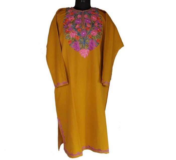 Mustard Cashmilon Pheran with Aari Work - Image 2