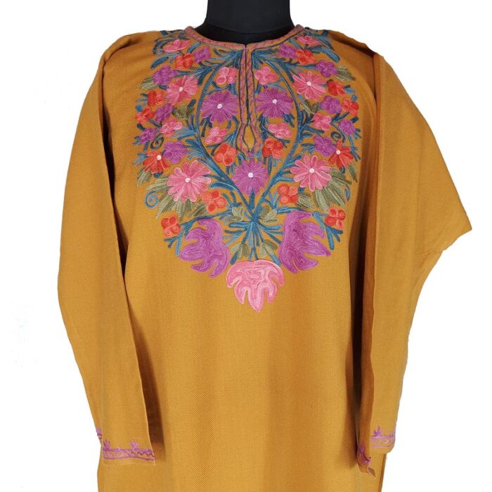 Mustard Cashmilon Pheran with Aari Work