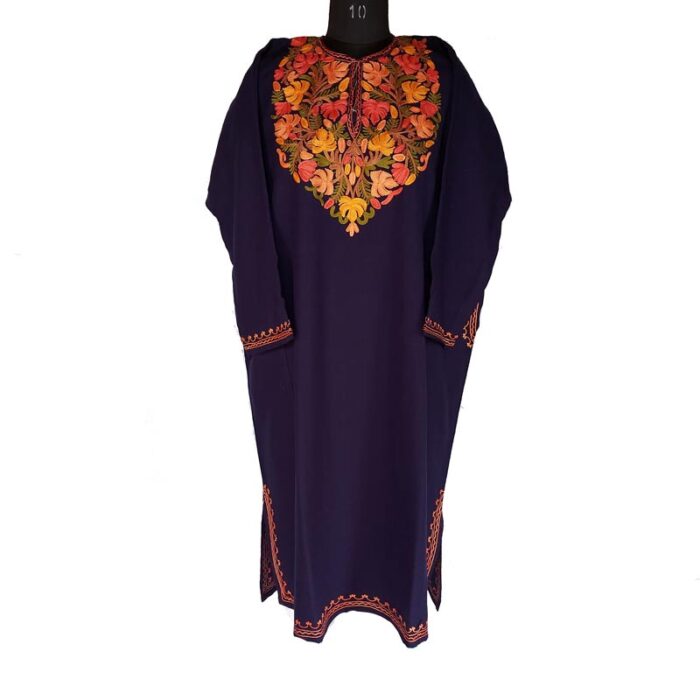 Navy Blue Cashmilon Pheran With Aari Work - Image 2