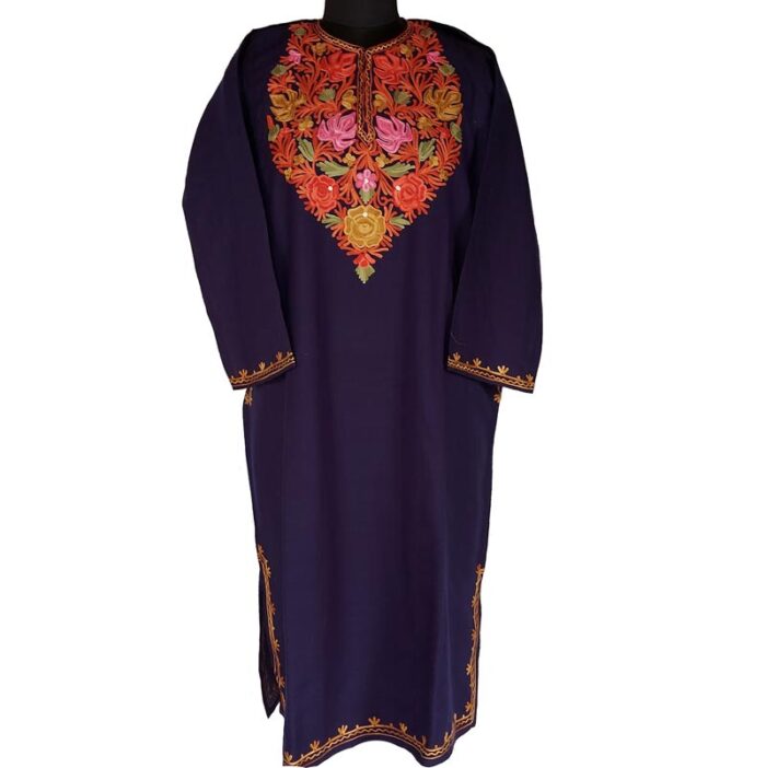 Dark Blue Cashmilon Pheran with Aari Work - Image 2