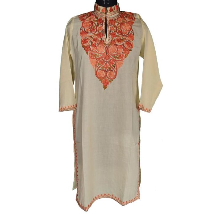 Light Yellow Floral Summer Cool Kashmiri Work kurta - Image 2