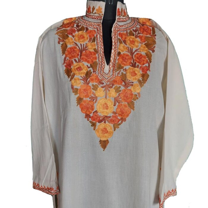 White Floral Summer Cool Kashmiri Embroidery Kurta