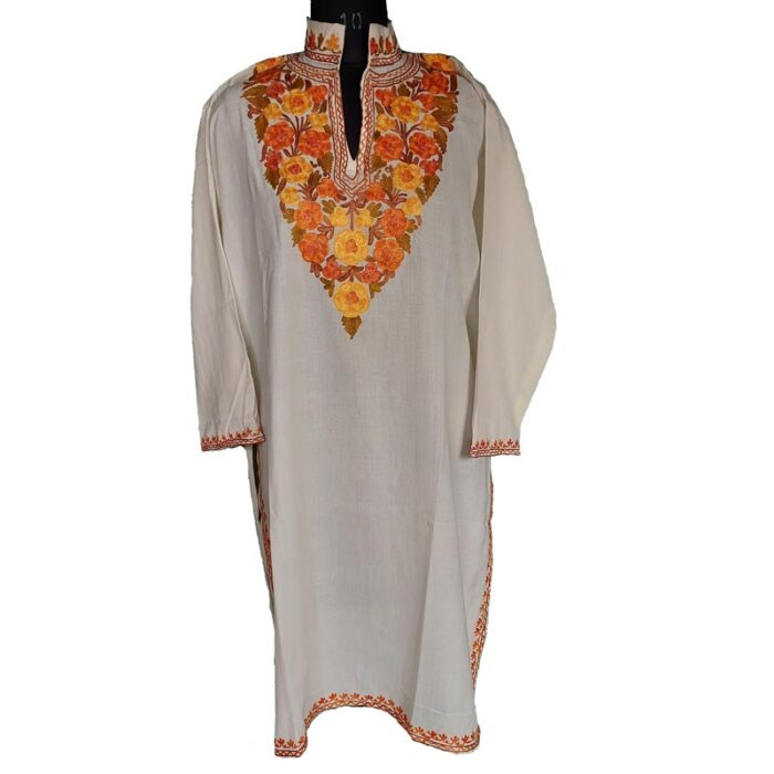 White Floral Summer Cool Kashmiri Embroidery Kurta - Image 2