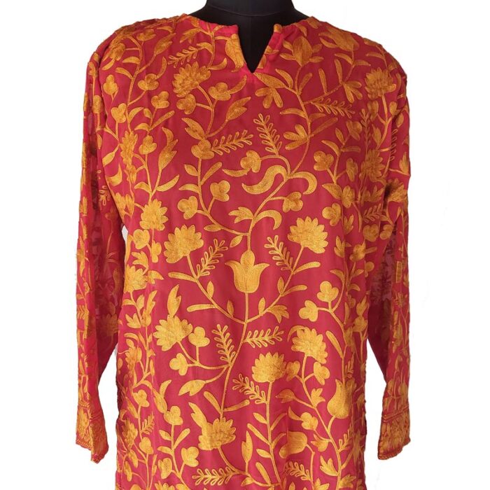 Red Georgette Full Aari Work Kurti