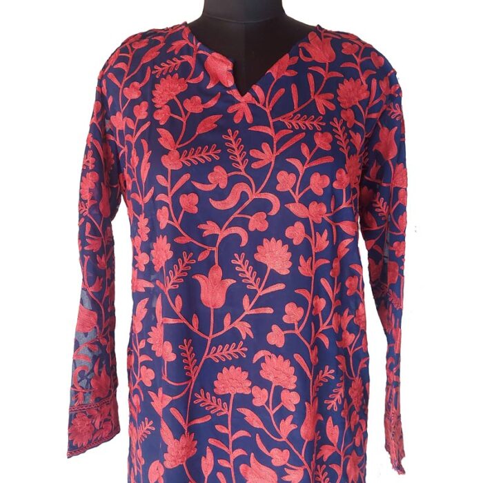 Dark Blue Aari Embroidered Georgette Kurta for Ladies